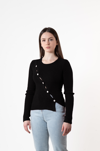 Black Button Detail Mock Neck Sweater