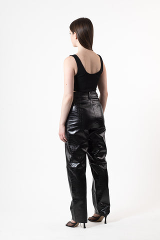 Black Faux Leather Croc Pants